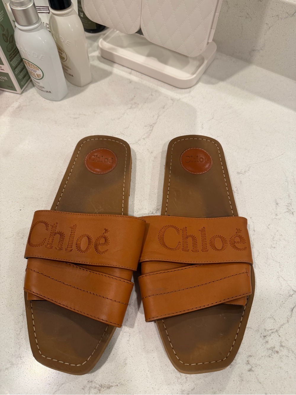 Chloé Cognac Leather Slide Sandals